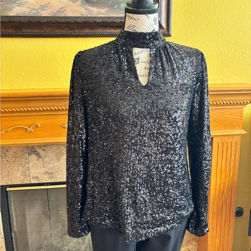 Cable & Gauge Black Sequin Mandarin Collar Blouse